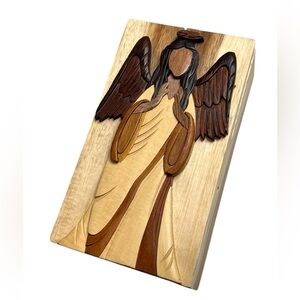 Carver Dans Hand Carved Wooden Angel‎ Puzzle Box Jewelry Trinket Holder Rustic